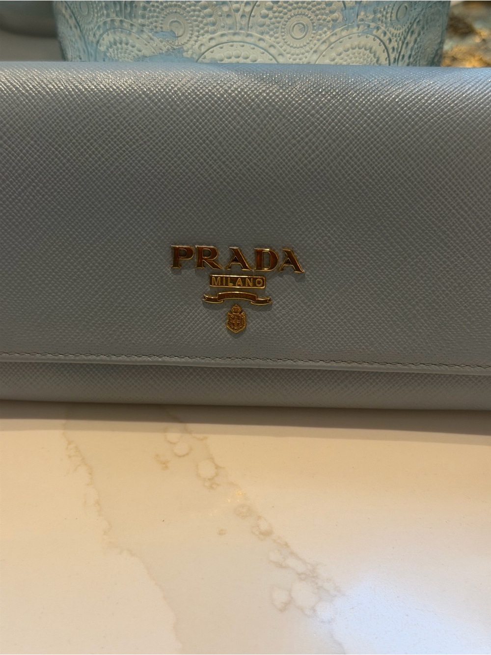 Prada Light Blue Saffiano Leather Continental Wallet with Gold Logo
